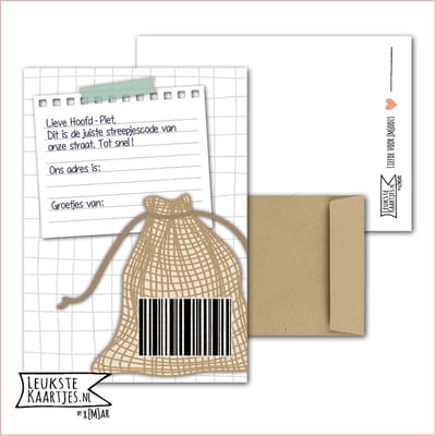 Kaart Sinterklaas - Streepjescode - No: 05 (Lieve Hoofd-Piet - Sinterklaas journaal - Naam en Straatnaam-Zak bruin) - LeuksteKaartjes.nl by xMar