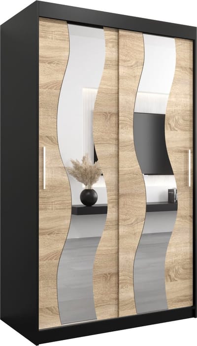 InspireMe - Kledingkast met 2 schuifdeuren, Modern-stijl, Een kledingkast met planken en een spiegel (BxHxD): 120x200x62 - REESE 120 Zwart Mat + Sonoma Eik