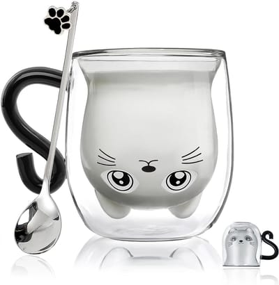 Schattige kattenmok van dubbelwandig glas voor koffie en thee, perfect als cadeau voor vrouwen, moeders en collega's op Valentijnsdag, verjaardagen en feestdagen