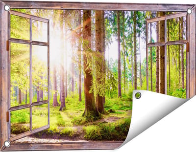 Gards Tuinposter Doorkijk Bos met Zon tussen de Bomen - 60x40 cm - Tuindoek - Tuindecoratie - Wanddecoratie buiten - Tuinschilderij