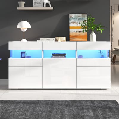 HAUSS SPOLE Dressoir - Hoogglans Wit Dressoir Met LED-App Besturing En Transparante Acryldeuren - 3 Deuren - 7 Opbergniveaus - Spaanplaat - 140x40,5x66,5 Cm