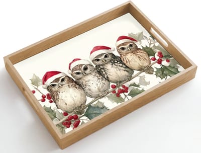 Dienblad hout 50x35 cm - Schootdienblad - Uilen - Tak - Hulstblaadjes - Kerstmuts - Borrelplank rechthoek - Plateau dienbladen