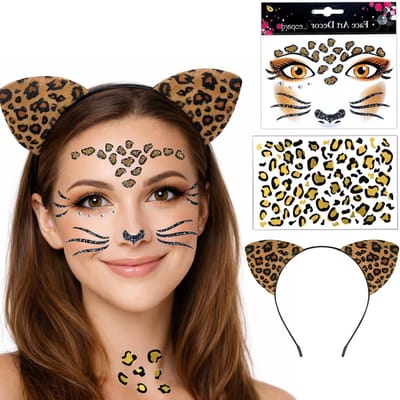 3-delig Leopard Kostuum Set met Oren, Haarband en Gezichts Tattoo voor Vrouwen en Kinderen, Perfect voor Carnaval en Feestjes
