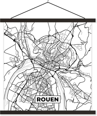 Posterhanger incl. Poster 60x60 cm - Schoolplaat - Stadskaart - Frankrijk - Kaart - Rouen - Plattegrond - Zwart wit - Textielposter - Zwarte latten - Stadskaart