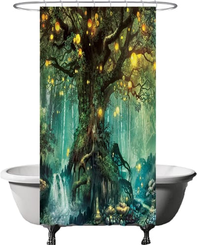 Ulticool Douchegordijn - Sprookje Elf Boom Magisch Bos Natuur - 120 x 200 cm - met 8 ringen - Anti Schimmel - Waterdicht & Wasbaar - Semi Transparant - Groen