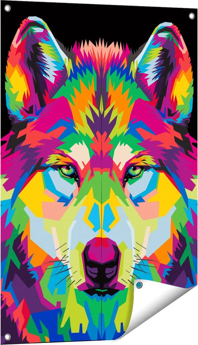 Gards Tuinposter Gekleurde Wolvenkop - Wolf - Abstract - 60x90 cm - Tuindoek - Tuindecoratie - Wanddecoratie buiten - Tuinschilderij