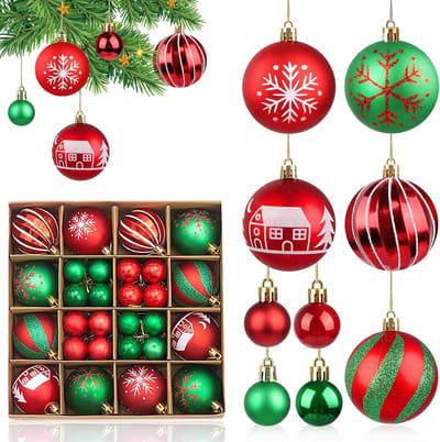 Kerstballen set van 44 stuks, 60 mm, in rood en groen, kunststof kerstdecoratie voor feestelijke bruiloften en kerstboomversiering