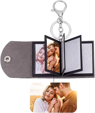 Ronte - Foto Sleutelhanger Mini Retro Lederen Sleutelhanger met 10 Foto's - Platina Ketting - Familie Vriend - Zwart - 52x47cm