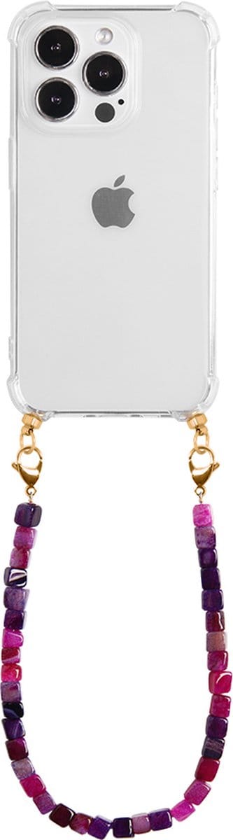 Casies hoesje geschikt voor Apple iPhone 13 Pro met koord - Natural stones ketting - short size - Natuurstenen - Cord Case