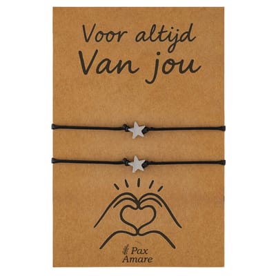 Koppel Armbandjes voor 2 "Voor altijd van Jou" - Sterretjes - Vriendschapsarmbandjes met Valentijn Cadeau Kaartje - Zilverkleurig - Elastisch Verstelbaar - Pax Amare