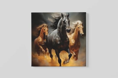Vierkant Canvas Schilderij - Rennende Paarden - Dierenkunst - Bruin Tinten - 40x40x2 cm