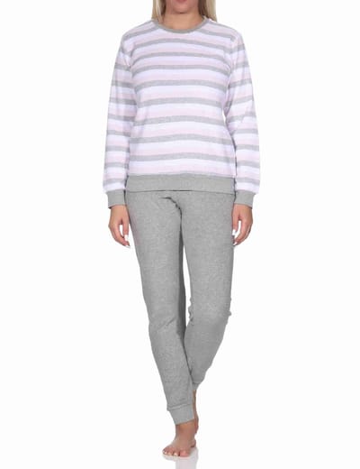 Dames Badstof pyjama met lange mouwen en manchetten - blokstreep-look - ook in overmaten