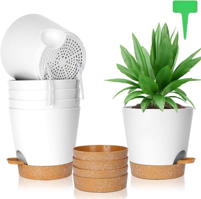 Set van 6 Bloempotten met Ondertafel, Zelfwaterend Systeem, 20 x 19 cm, Inclusief 20 Plantlabels voor Binnen en Balkon, Ideaal voor Plantenliefhebbers