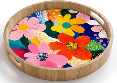 Dienblad rond 40x40 cm - Schootdienblad hout - Bloemen - Kleurrijk - Stippen - Borrelplank rechthoek - Plateau houten dienbladen