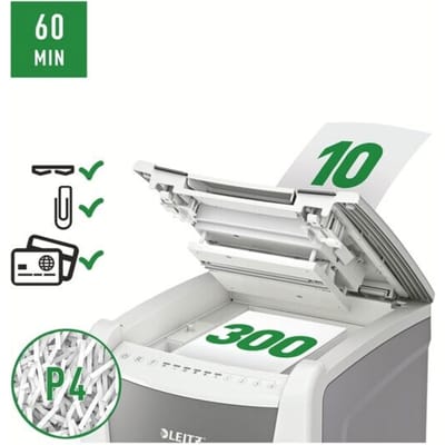 Leitz IQ Autofeed Office 300 papiervernietiger P4, volledig automatisch, deeltjes snijden 4 x 30 mm, 60 lr, 300 vel snijcapaciteit, met rollen, wit