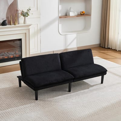 BLACKCOLORS 2-zitsbank met drievoudige verstelling in zwart, 106-140-180° – Ronde poten van zwart kunststof, bekleding van corduroy-achtig fluweel, houten lattenbodem, ontspannen loungebank voor de woonkamer en de thuisbioscoop