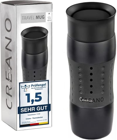 Reismok 420 ml, Koffie to go mok, Thermosmok, Geïsoleerde mok, Houdt 4 uur warm/7 uur koud, 100% lekvrij, 360° drinkopening, Zwart