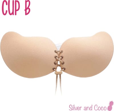 SilverAndCoco® - Push up Plak BH herbruikbaar veter sluiting / Zelfklevende Invisible bh met vetersluiting / Onzichtbare Siliconen Tepel bedekkers BH Pads Silicone Nipple cover Strapless boob lift - Nude / Beige - Cup B
