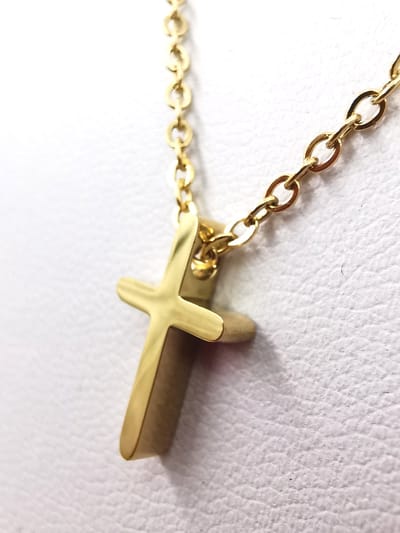 Ketting - met mini kruisje - RVS - goudkleurig - L 45 cm - kettingen ook mooi te combineren in lagen met andere ketting. Geloofsketting - Trendy - Elegant - mooie details – niet opvallend