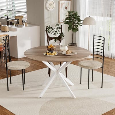 Ronde Eetkamertafel 120 cm - Houten Keukentafel met Zwarte Metalen Poten en Natuurlijke Walnootafwerking