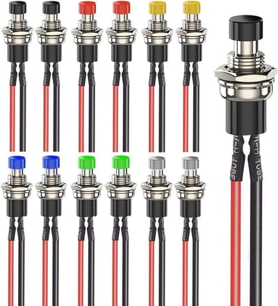 Minidrukknoppen Set van 12 - 7mm Voorbekabelde Momentary Drukknoppen 3V-230V