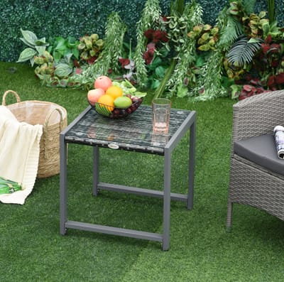 Tuintafel - Bijzettafel Met Gehard Glas En Aluminium Frame - Weerbestendig Voor Balkon, Tuin En Terras - Grijs - 50x49,5x50 Cm