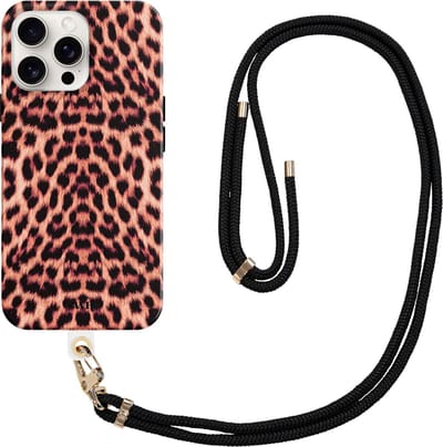 xoxo Wildhearts Leopard Dream Cord Case - Geschikt voor iPhone 14 Pro Max - Kwalitatieve backcover met telefoonkoord - TPU Materiaal hoesje inclusief afneembaar telefoonkoord - Zwarte telefoonketting - Luipaard - Tijgerprint