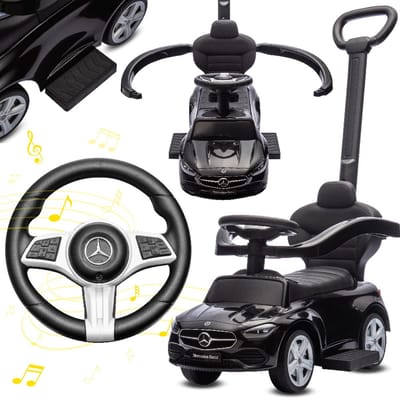 Mercedes C-Class Kindervoertuig 4in1, loopauto met Claxon, Opbergruimte, Voetsteun, Duwstang, tot 2 jaar, max 27 kg, baby ride on (Zwart)
