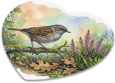 Hartvormige Muismat "Aquarel Series" Heggenmus Tussen Paarse Heide & Groene Varens - Waterverf Tuinvogels Natuur Bureau Accessoire Cadeau voor haar: Vrouw,Vriendin & Collega - Decoratieve Hartjes Muismat Kantoor & Thuis