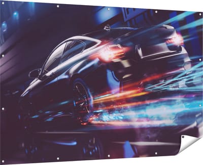Gards Tuinposter Zwarte Raceauto - Abstract - 180x120 cm - Tuindoek - Tuindecoratie - Wanddecoratie buiten - Tuinschilderij