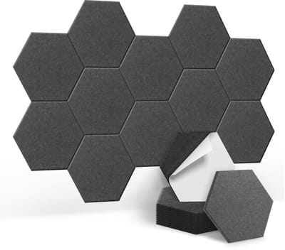 Akoestische Panelen Hexagon 12 Stuks – Geluidsabsorberende Wandpanelen 30x26 cm – Polyester Vilt – Wanddecoratie voor Studio, Kantoor, Gaming Room en Thuisbioscoop – Zwart