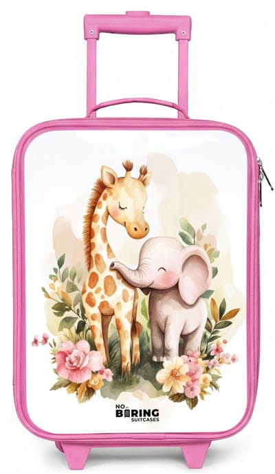NoBoringSuitcases.com® - Kinderkoffer roze - Kindertrolley meisje - Giraffe en olifant tussen bloemen op witte achtergrond - Koffer kind lichtgewicht - Reiskoffer trolley voor kinderen - Koffertje met lichtgevende wieltjes - Rolkoffer