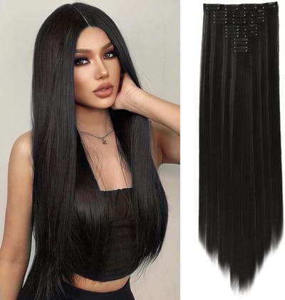Dailygoods- Hairextensions 56 cm - 7 Stuks Synthetische Vezels - Steil/Golvend - Natuurlijk Zwart - Hittebestendig - Lichtgewicht - Haarverlengingen