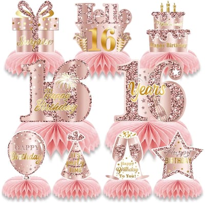 Dailygoods- Tafeldecoratie 9-delige Set - Honingraat Middelpuntjes - Roze/Roségoud - Feestdecoratie - Verjaardagstafel - Decoratie voor op tafel
