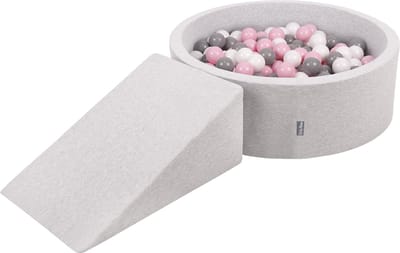 KiddyMoon Speeltoestel met Ballenbad Ramp - 7cm 100 Ballen - Ballenbak ballen voor baby's - Ballenbak schuim voor kinderen - Hindernisbanen - Speelbad - Lichtgrijs: Wit Grijs Poederroze