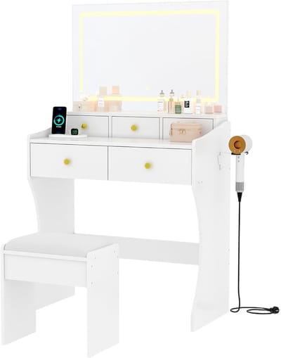 Kaptafel met LED-spiegel, 5 lades, instelbare helderheid, stopcontacten, transparant blad en krukje voor de slaapkamer