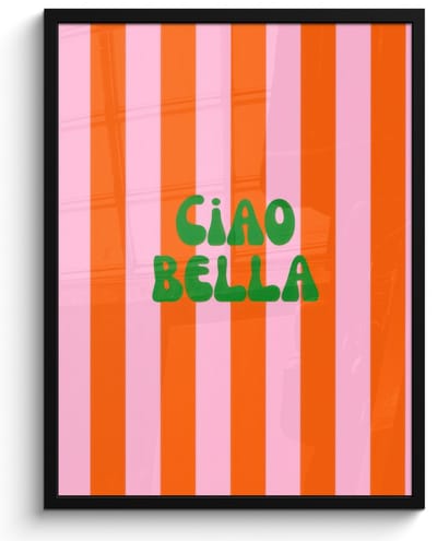 Poster in lijst - Fotolijst 60x80 cm - Posters - Strepen - Oranje - Verticaal - Ciao bella - Posterlijst zwart - Decoratie - Wanddecoratie woonkamer - Muurdecoratie slaapkamer