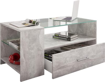 Tindala salontafel met glazen blad, 1 lade, 3 plankenBetonlook.