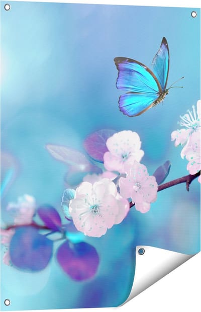 Gards Tuinposter Blauwe Vlinder bij een Roze Bloem - 60x80 cm - Tuindoek - Tuindecoratie - Wanddecoratie buiten - Tuinschilderij
