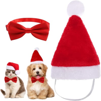 Kerstkostuum voor honden en katten, inclusief kersthoed met strik, perfect voor feestdagen en cadeau-ideeën.