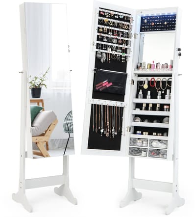 COSTWAY Sieradenkast kantelbaar, vrijstaand sieradenrek met full-body spiegel & interne make-upspiegel & ledverlichting, sieradenspiegelkast afsluitbaar, wit