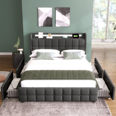 VVBV Gestoffeerd Opbergbed 140x200 cm - LED-Verlichting, USB-C Laadstation, 4 Lades, Opbergruimte - Hout Grijs Zonder Matras