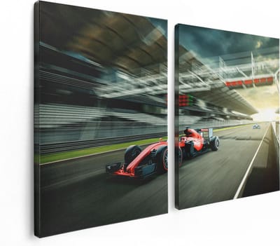Artaza Canvas Schilderij Tweeluik Formule 1 Auto bij de Finish in het Rood - 120x80 - Foto Op Canvas - Canvas Print