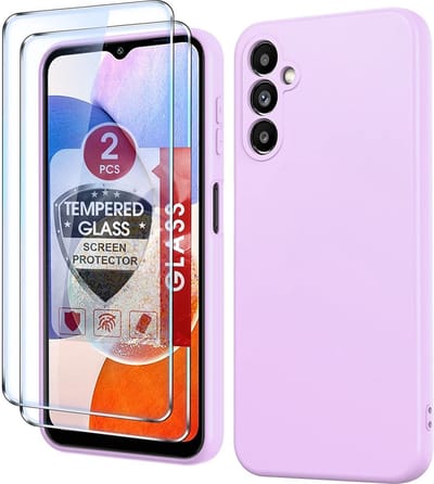 Hoesje Geschikt Voor Samsung Galaxy A14 Hoesje siliconen lila zacht siliconen hoesje TPU backcover - Met Screenprotector - 2 stuks