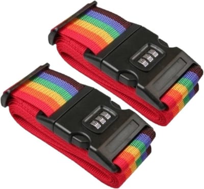 *** 2x stuks kofferriemen/bagageriemen met cijferslot 200 cm - kofferspandband regenboog kleuren - van Heble® ***