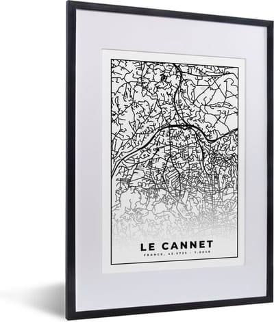 Fotolijst incl. Poster Zwart Wit- Kaart - Plattegrond - Le Cannet - Frankrijk - Stadskaart - Zwart wit - 30x40 cm - Posterlijst