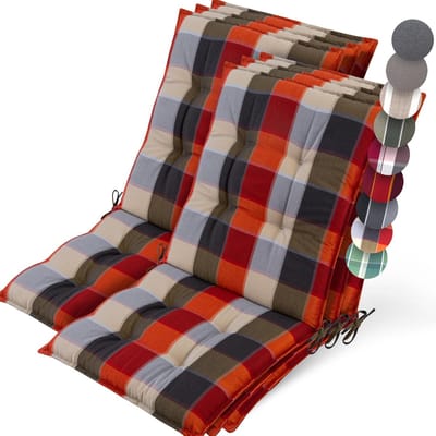 Beautissu Sun-NL – Set van 6 Premium Lage Rugleuning Kussen 100x50 cm - UV-bestendig & 8cm Dik Kussen Tuinstoelkussen Antislip Bevestigingsbanden – Stevige Stof Orange Beige Ruit