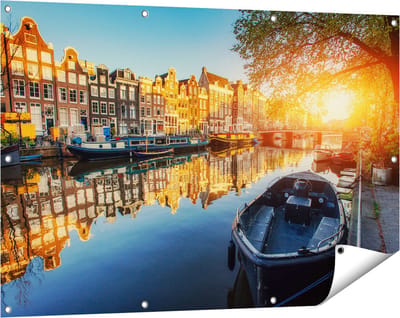 Gards Tuinposter Amsterdamse Gracht bij Zonsondergang - 120x80 cm - Tuindoek - Tuindecoratie - Wanddecoratie buiten - Tuinschilderij