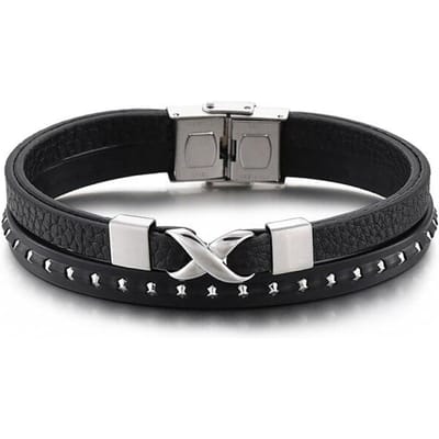 Heren Sieraden Groothandel 8 Zwart Echt Leer Breedte 14mm Roestvrij Staal Oneindigheid Weefsel Meerlaags Polsband 22cm 22cm gray