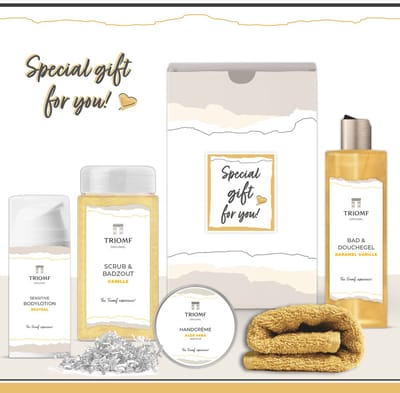 Geschenkset “Special Gift For You!” - 5 producten - 1100 gram - Triomf Cosmetica | Giftset voor haar Speciaal voor jou Luxe wellness cadeaubox Moederdag Cadeau vrouw Set Valentijnsdag Geschenk verjaardag Cadeaupakket Vriendin Zus Moeder Goud Geel